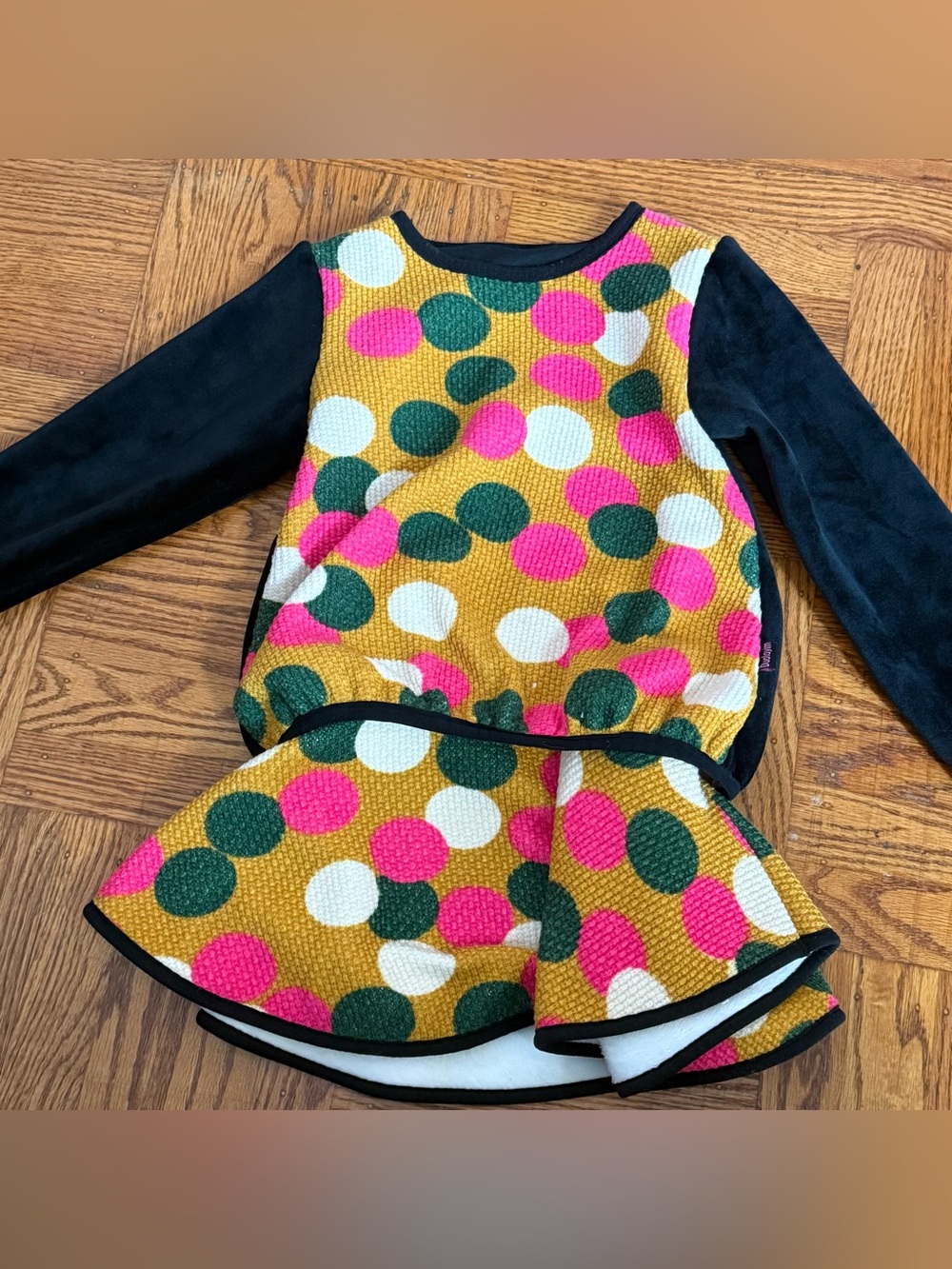 Kids Polka Dot Peplum Top - Mustard with Pink, Green & White Dots